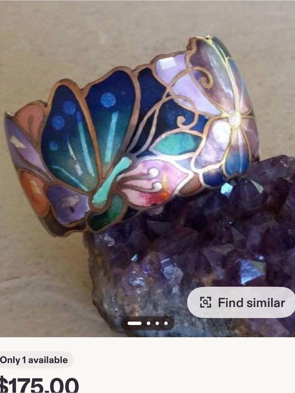 David Kuo vintage signed cuff bracelet features a colorful butterfly and floral